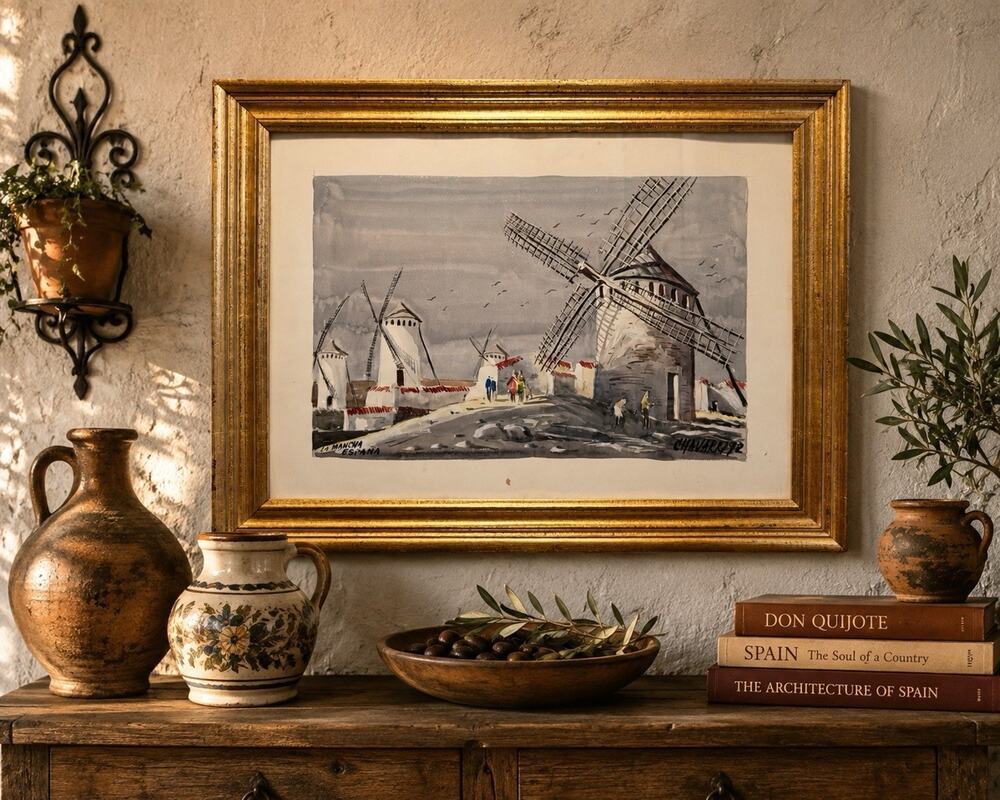 Chavarri 1992 Original Watercolor La Mancha Spain Windmills Framed 31.75”